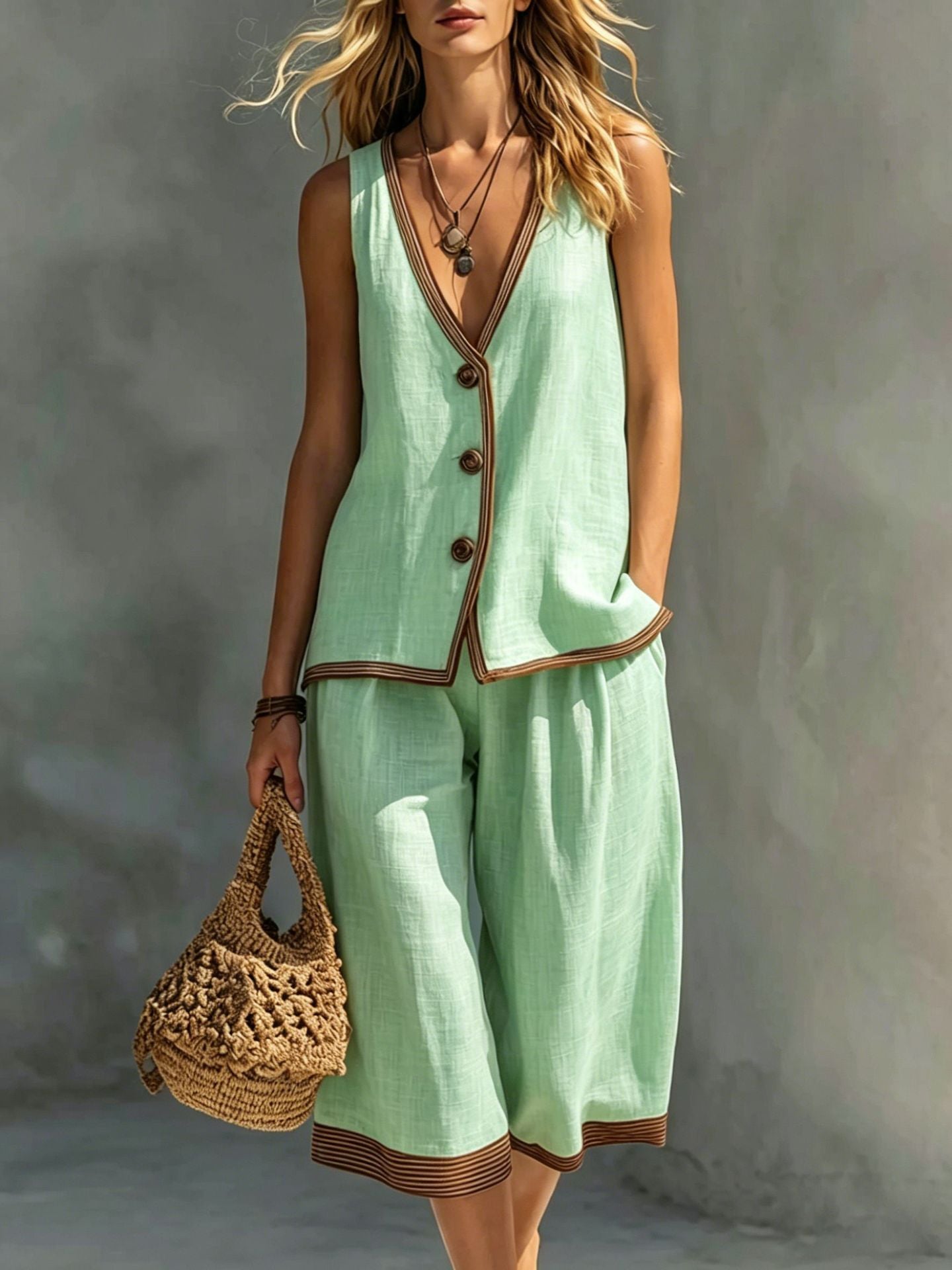 Women's Sleeveless Buttoned Vest & Shorts Two-Piece Set