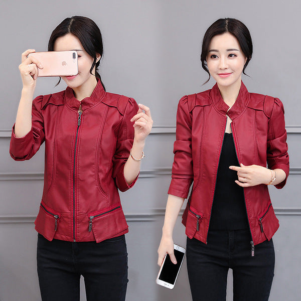 Korean-Style Slim Fit Motorcycle Leather Coat — Stand-Up Collar