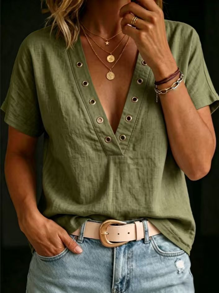 Women's V-Neck Short-Sleeve Loose-Fit Linen Shirt
