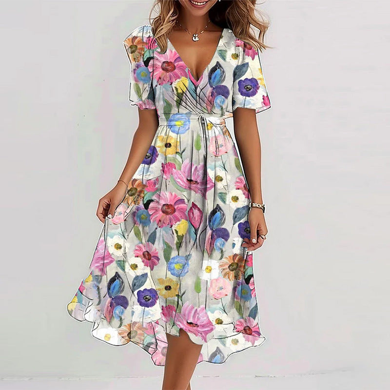 Floral Print A-Line Dress – V-Neck Short Sleeve Midi Dress