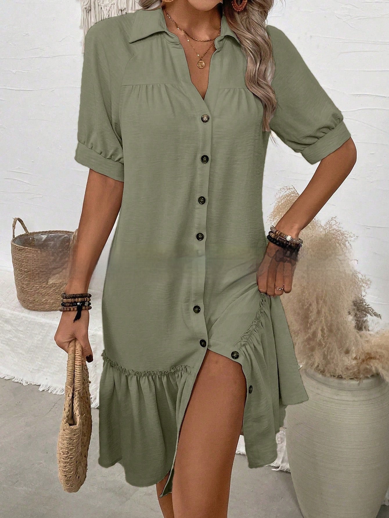 Women's Puff Sleeve Ruffled Hem Mini Dress – Solid Color