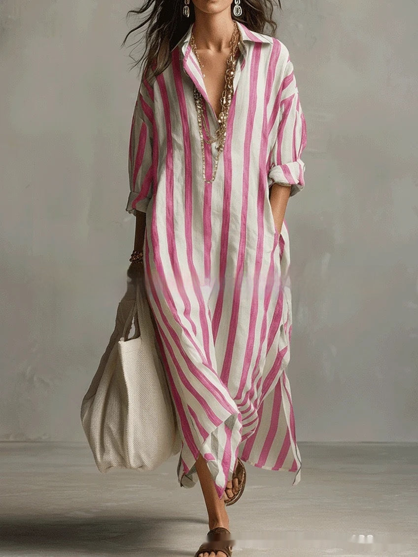 Striped Lapel Collar Dress – Side Slits & Pockets