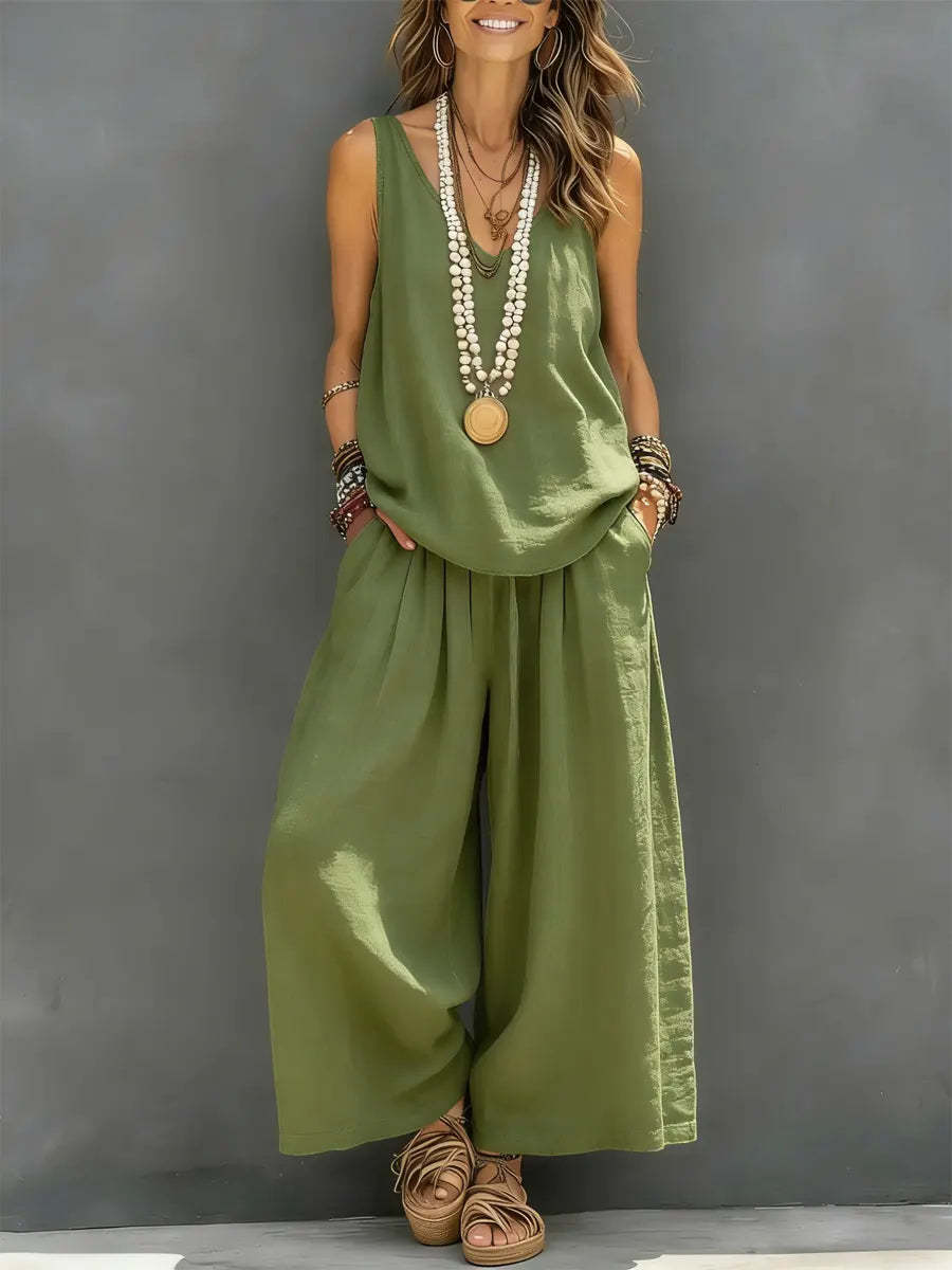 Women’s Cotton Linen Sleeveless Tank Top and Wide-Leg Pants Set