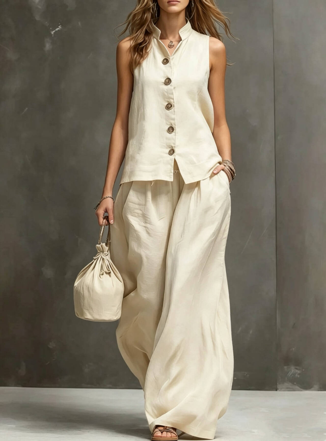 Women's Sleeveless Vest & Wide-Leg Pants Two-Piece Set – Cotton Linen