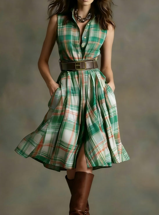 Women's Plaid Collared Sleeveless Fitted Waist Dress