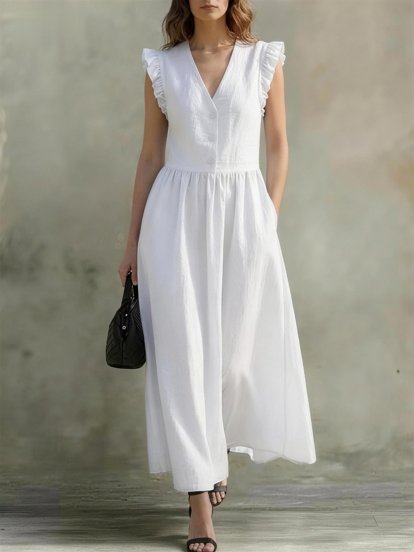 V-Neck Puff-Sleeve Dress with Pockets – Cotton Linen, 7 Colors
