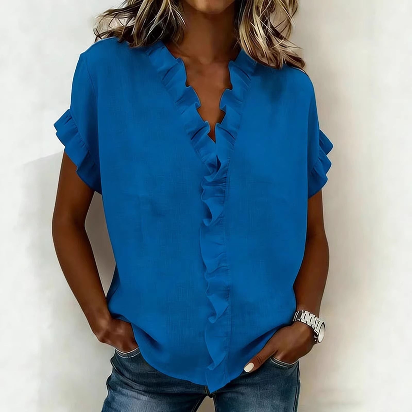 V-Neck Ruffle Sleeve Solid Color Top | Asymmetric Linen Blend
