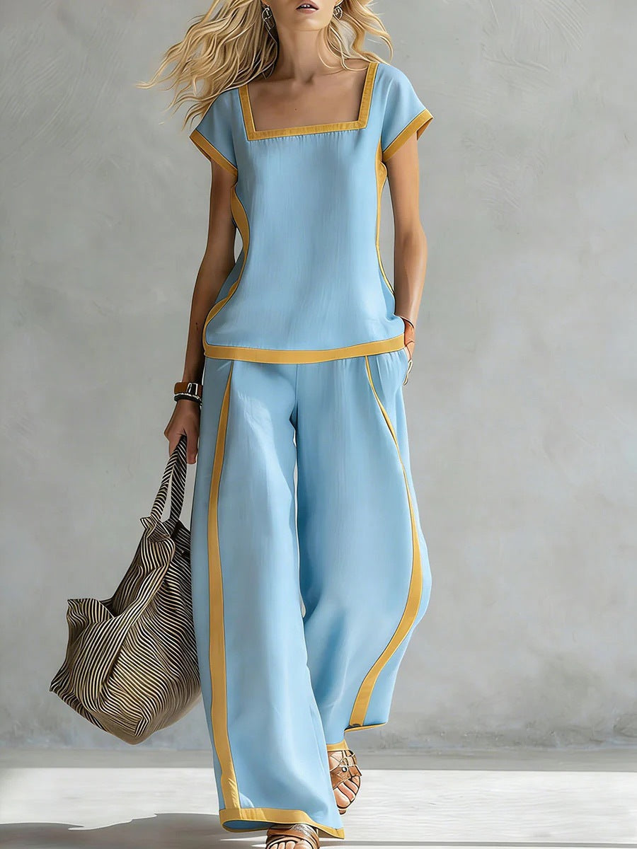 Square-Neck Three-Quarter Sleeve Loose Top & Pants Two-Piece Set