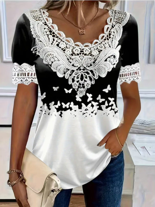 Women's Lace Patchwork Crew Neck Short Sleeve T-Shirt