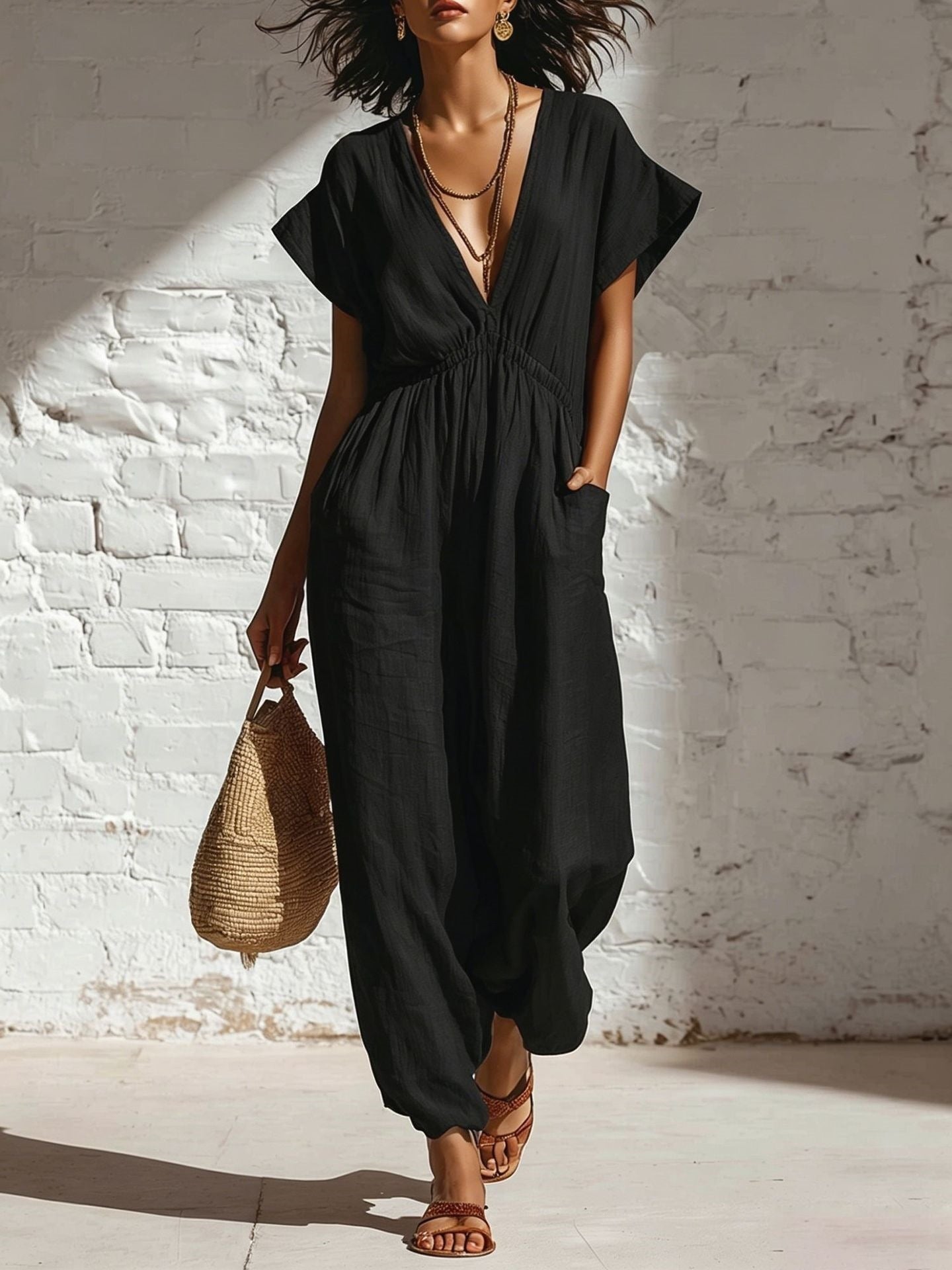 Women's Deep V-Neck Three-Quarter Sleeve High Waist Wide Leg Pants