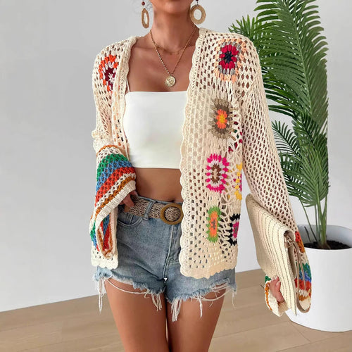 Hand-Crocheted Floral Cardigan Sweater | Boho Open Front Knit Top