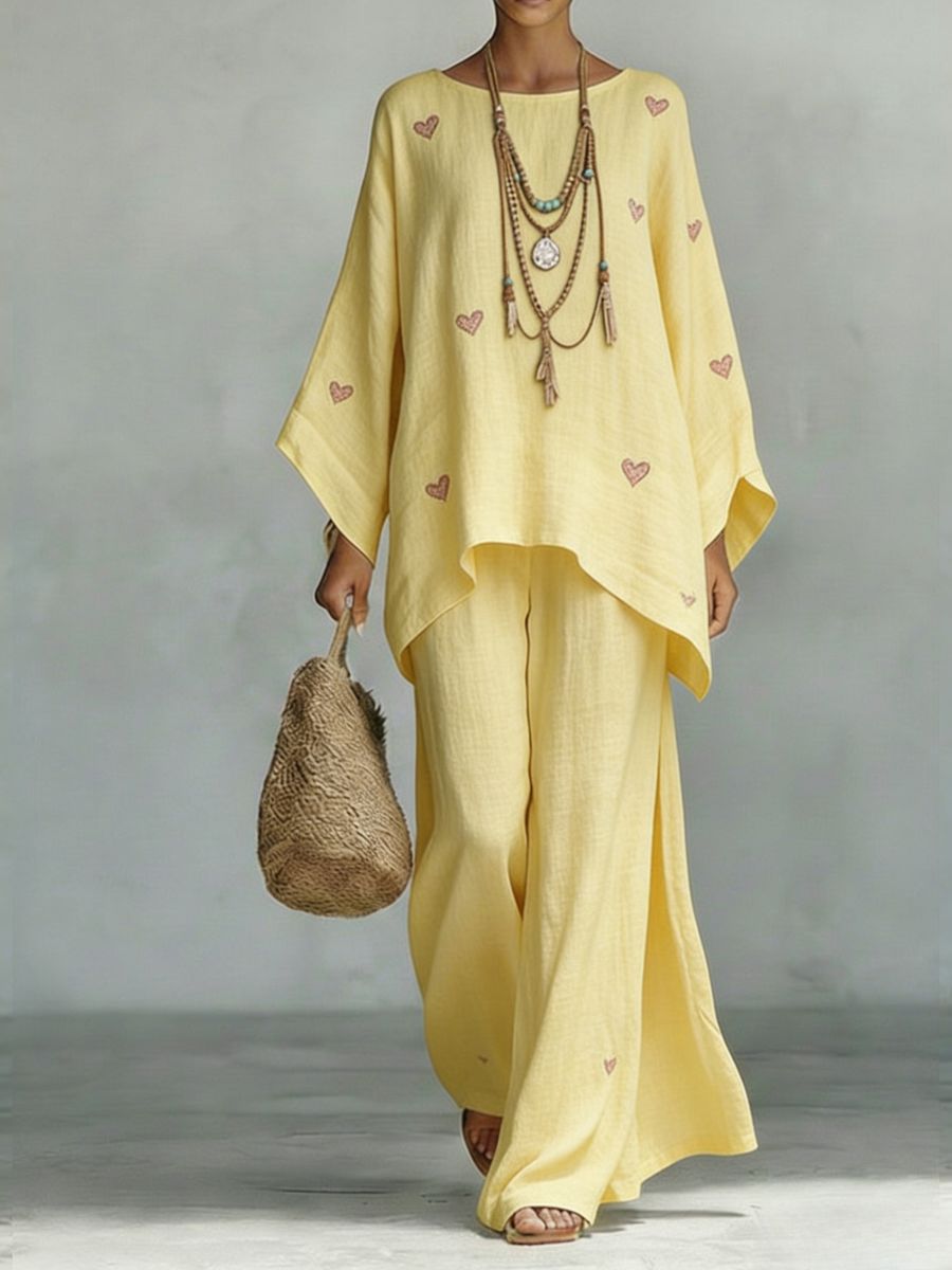 Floral Print Bamboo Linen Two-Piece Set | Wide-Leg Pants