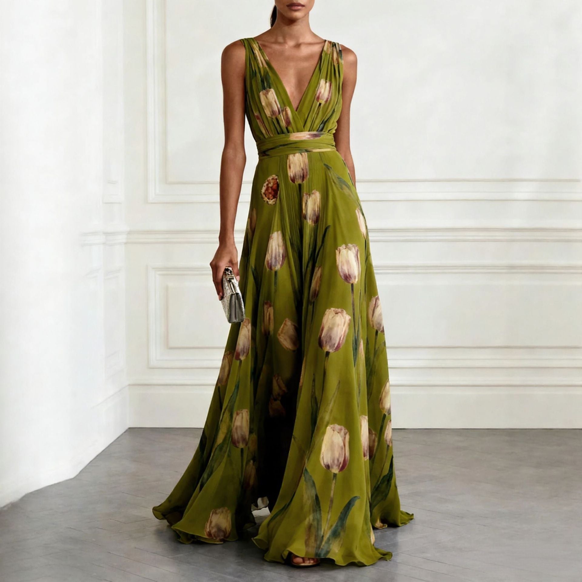 Tulip Print V-Neck Sleeveless Maxi Dress – Floral Chiffon