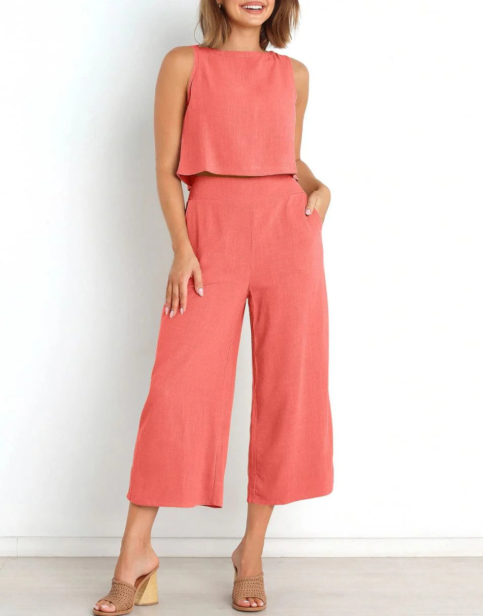 Sleeveless Tank Crop Button Back Top Cropped Pants Set With Pockets