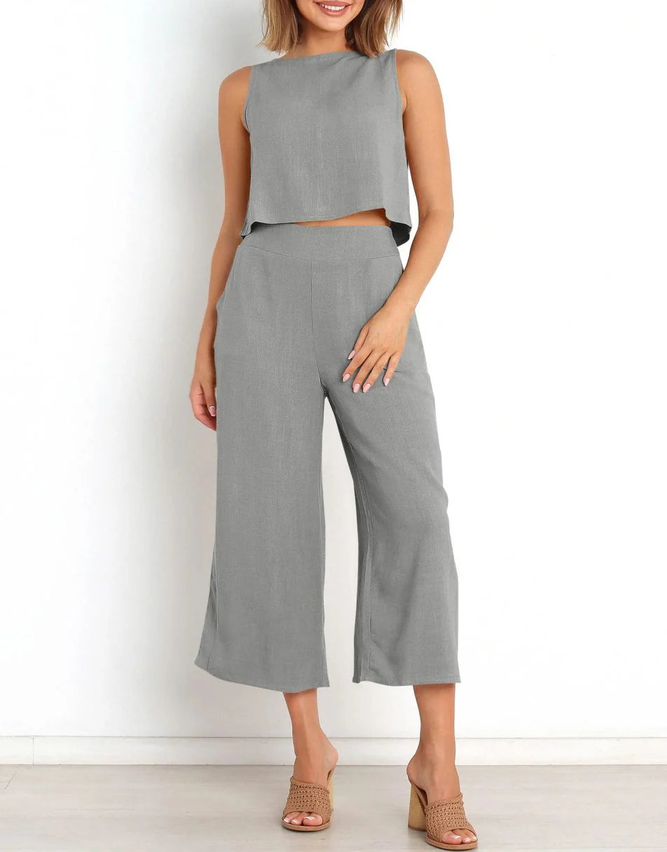 Sleeveless Tank Crop Button Back Top Cropped Pants Set With Pockets