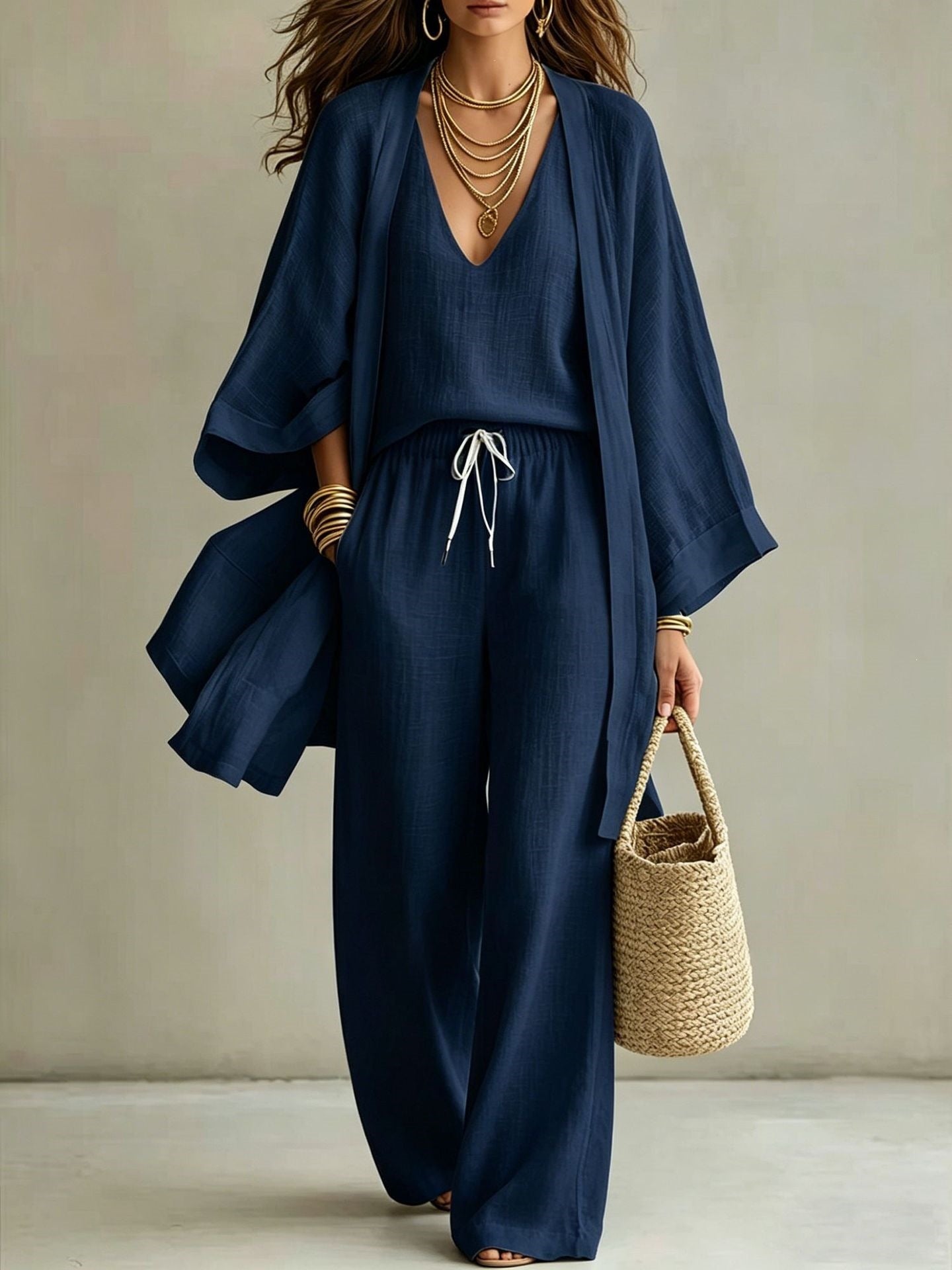 Women's 3-Piece Cardigan, Sleeveless Vest & Wide Leg Pants Set