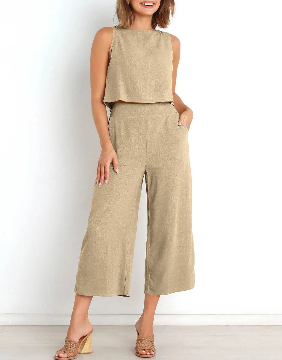 Sleeveless Tank Crop Button Back Top Cropped Pants Set With Pockets