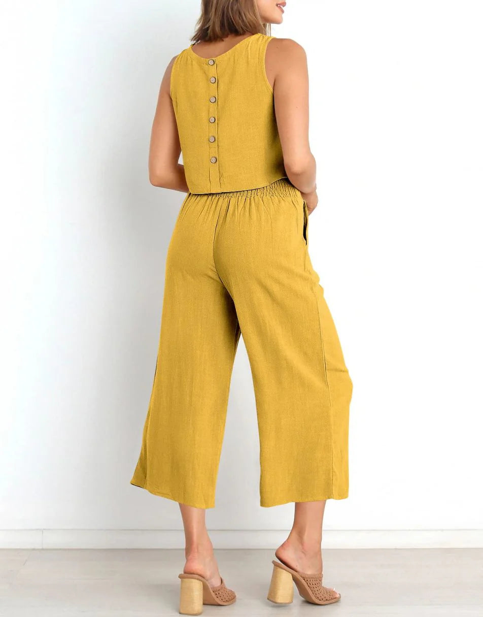 Sleeveless Tank Crop Button Back Top Cropped Pants Set With Pockets