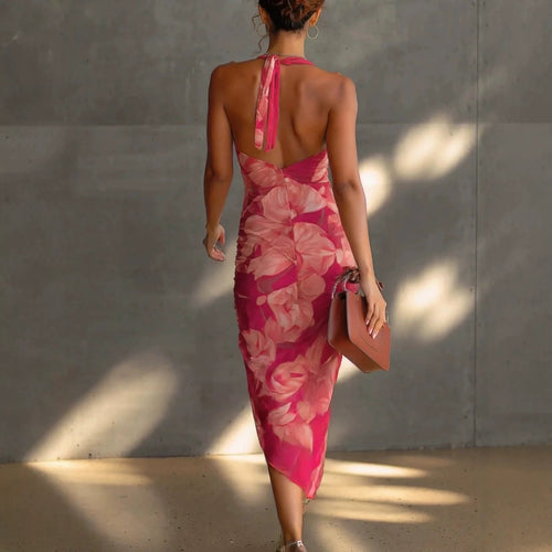 Carmine Red Backless Halter Maxi Dress – Printed High-Slit Slim-Fit Long Dress for Women