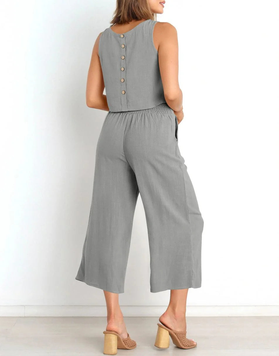 Sleeveless Tank Crop Button Back Top Cropped Pants Set With Pockets