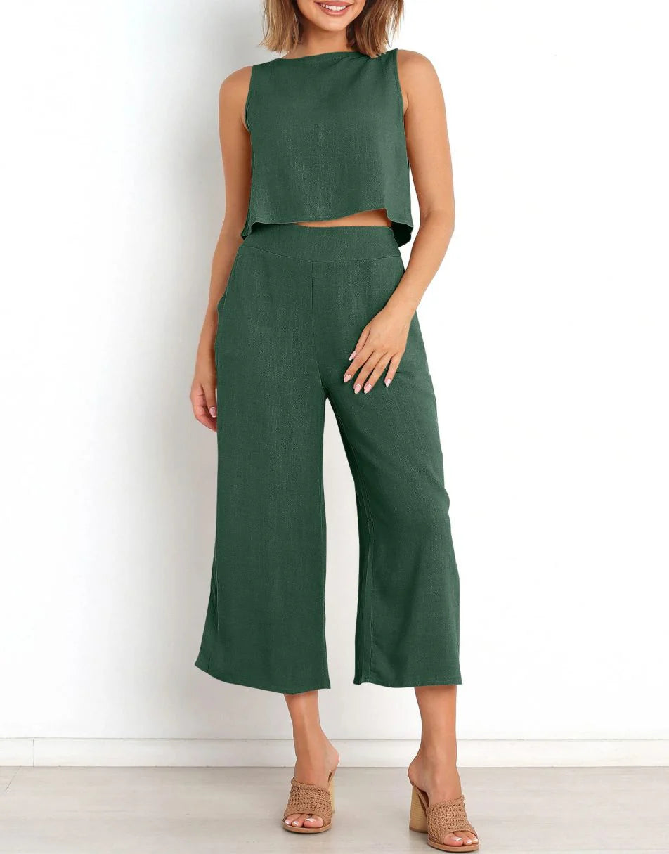 Sleeveless Tank Crop Button Back Top Cropped Pants Set With Pockets