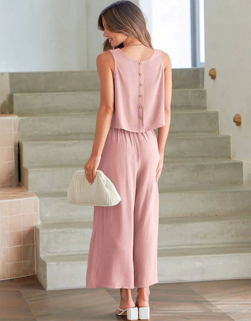 Sleeveless Tank Crop Button Back Top Cropped Pants Set With Pockets