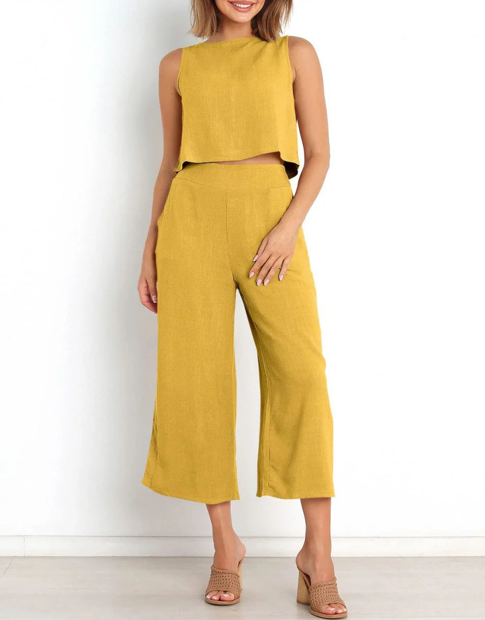 Sleeveless Tank Crop Button Back Top Cropped Pants Set With Pockets