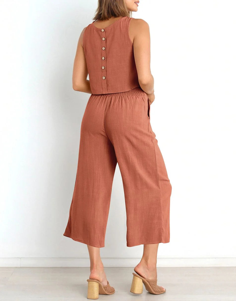 Sleeveless Tank Crop Button Back Top Cropped Pants Set With Pockets