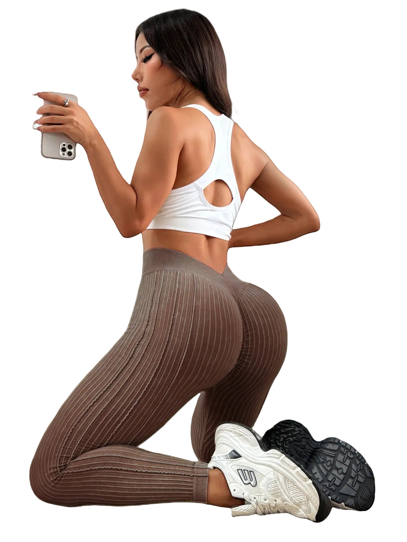 Ribbed High-Waist Back V Yoga Pants – Sand Wash Butt-Lifting Tights