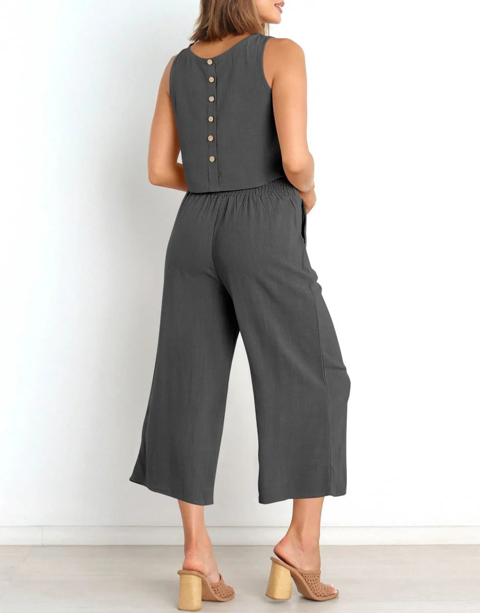 Sleeveless Tank Crop Button Back Top Cropped Pants Set With Pockets