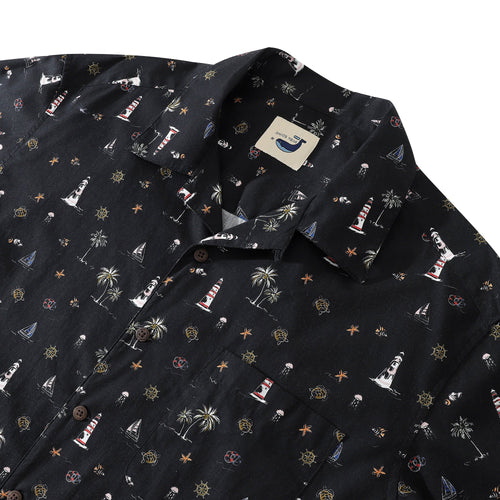 Hawaiian Shirt For Men Lighthouse Black Shirt Workwear Camp Collar 100% Cotton