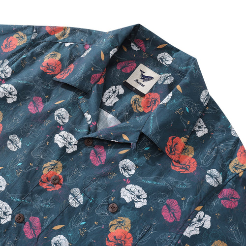Hawaiian Shirt For Men Cranes Over Flowers By Véronique Shirt Camp Collar 100% Cotton