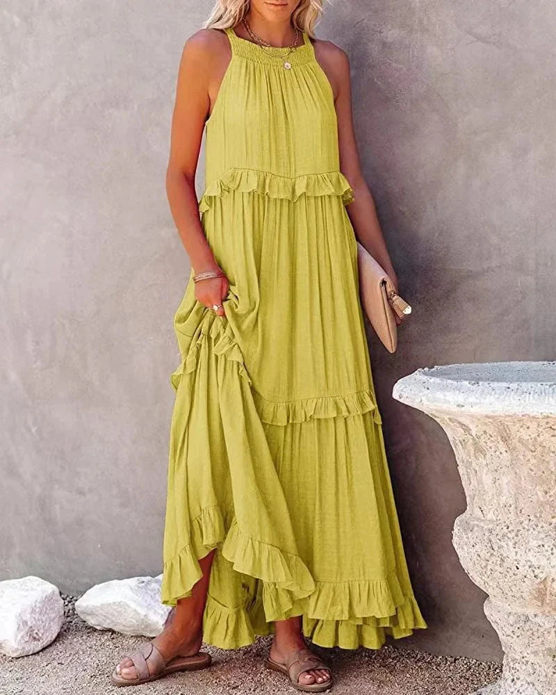 Elegant Apricot Ruffle Maxi Dress