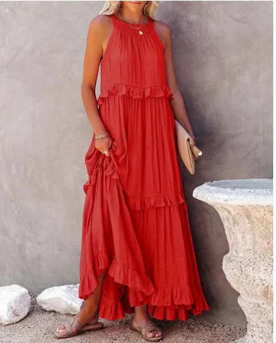 Elegant Apricot Ruffle Maxi Dress