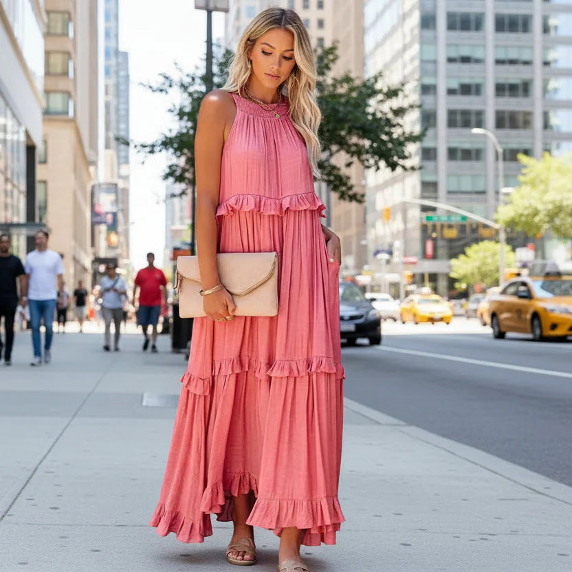 Elegant Apricot Ruffle Maxi Dress