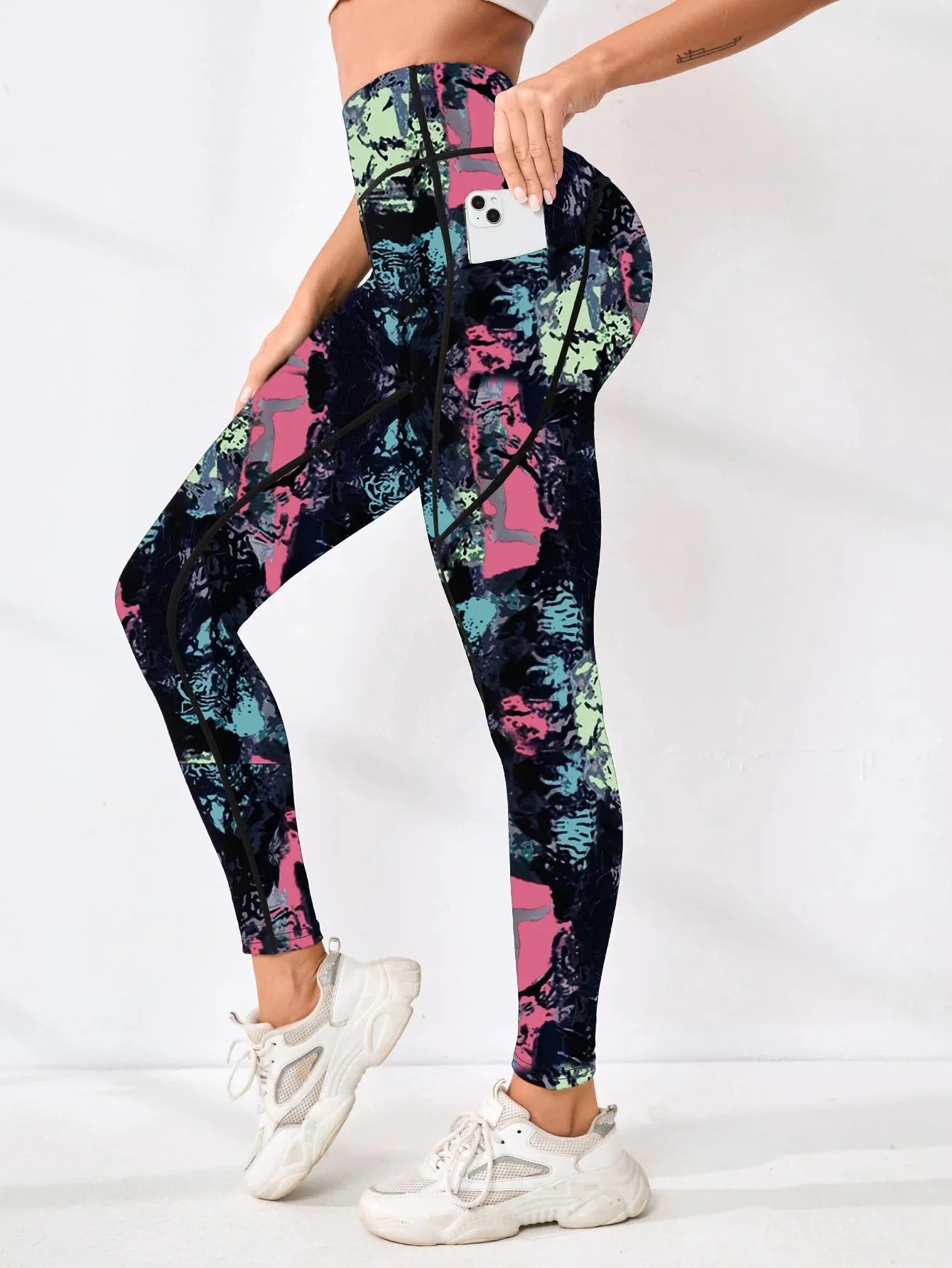 Printed High-Waist Pocket Fitness Pants Women