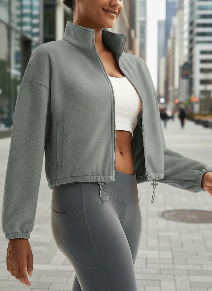 Winter Fleece Cropped Jacket with Stand Collar
