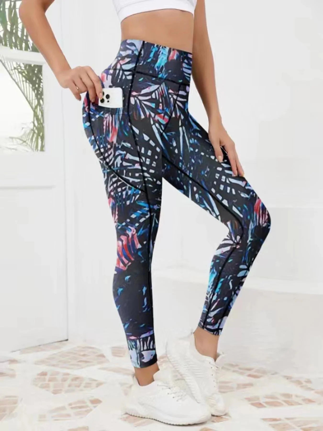 Printed High-Waist Pocket Fitness Pants Women