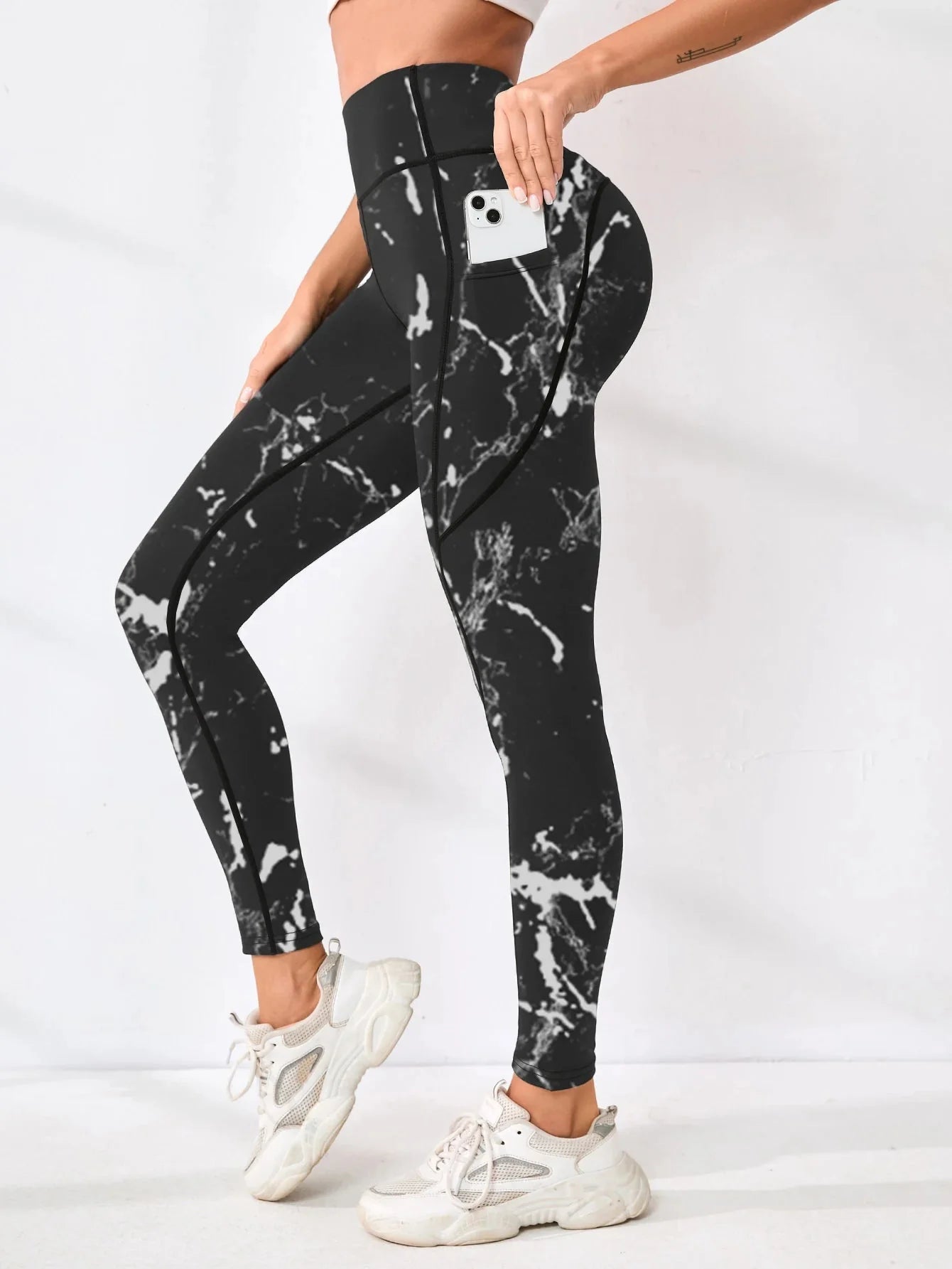 Printed High-Waist Pocket Fitness Pants Women