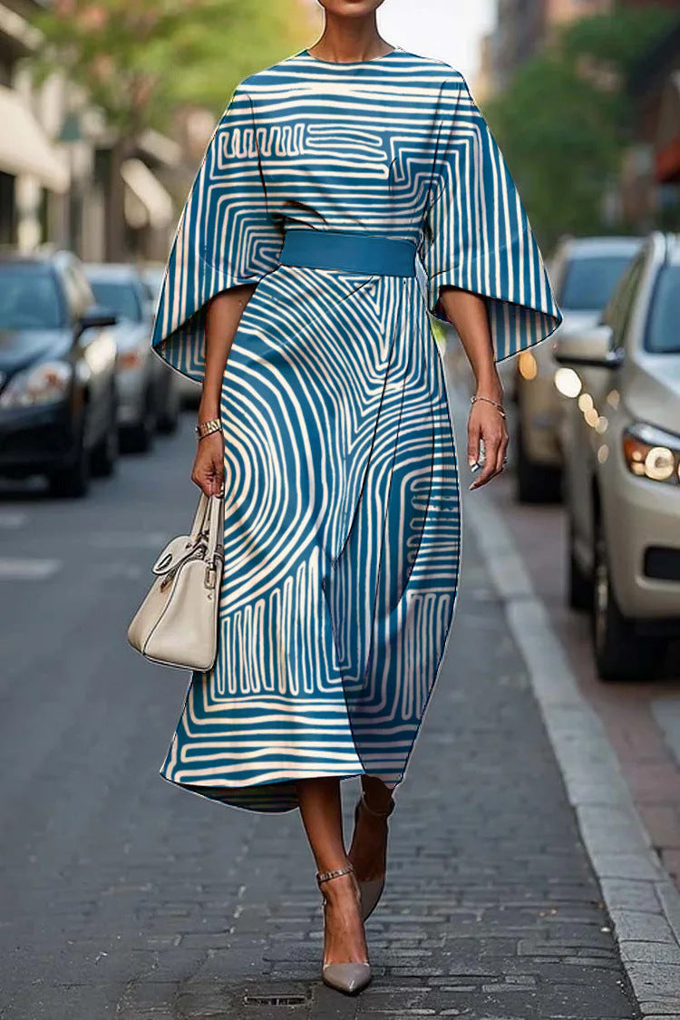 Geometric Print Batwing Sleeve Flowy Maxi Dress – 12 Styles, XS–XXXL