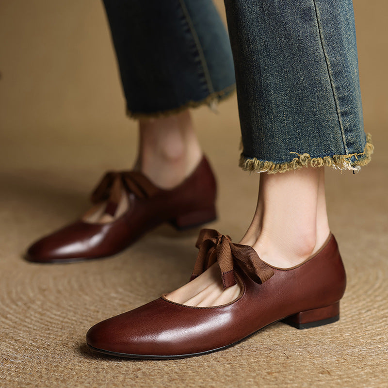 Women's French Vintage Genuine Leather Round Toe Chunky Heel Shoes