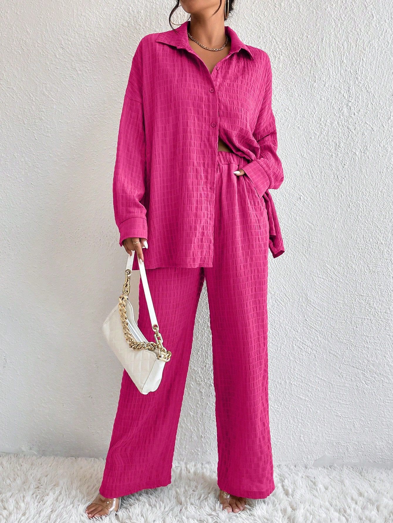 Women's Pleated Long Sleeve Lapel Two-Piece Set – Loose Top & Pants