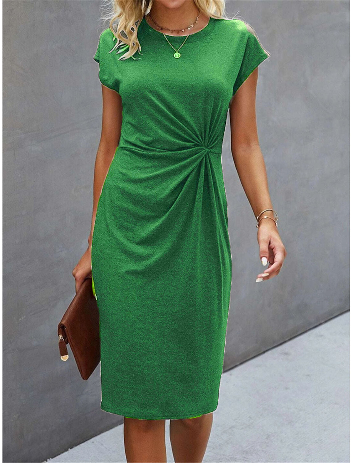 Front Knot Bodycon Midi Dress – Round Neck Sleeveless Tie Dress