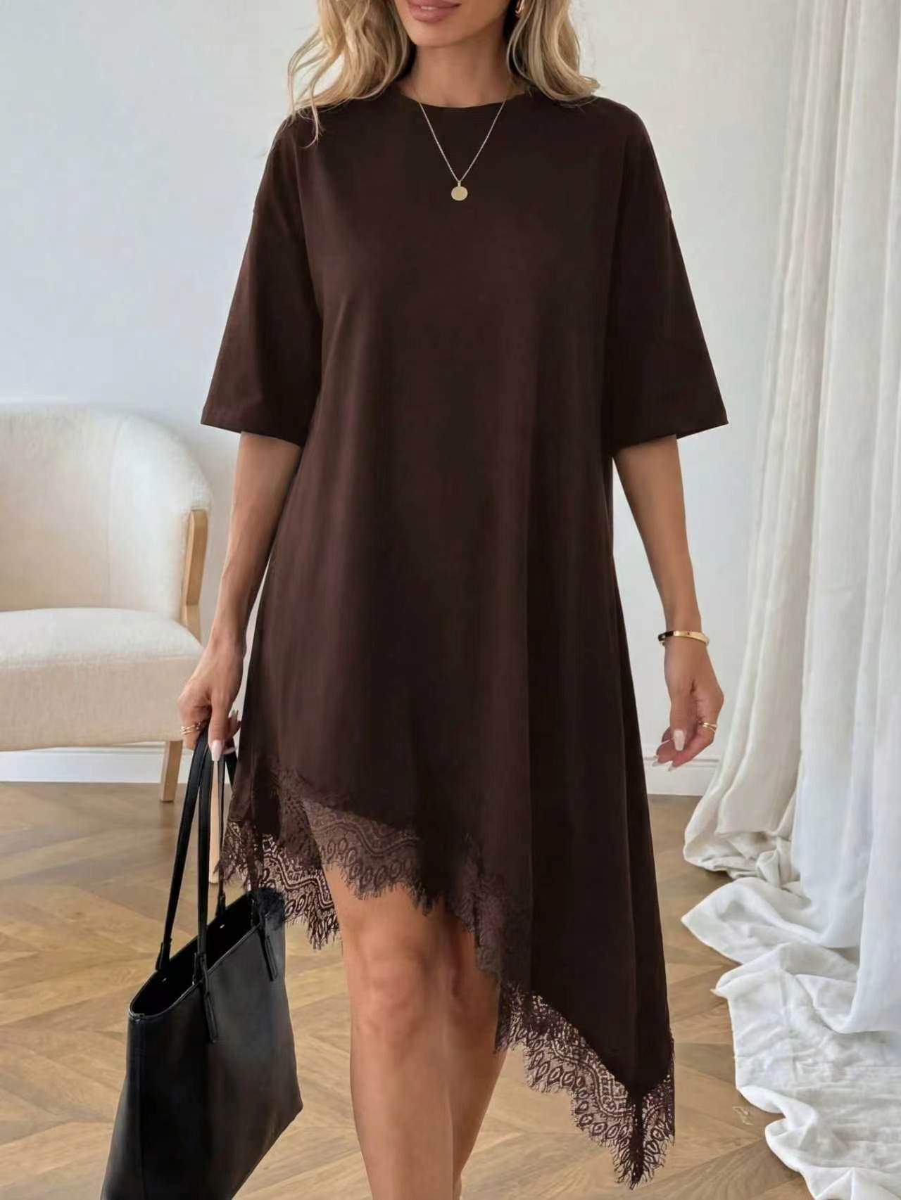 Women's Lace Trim Asymmetric Three-Quarter Sleeve Dress