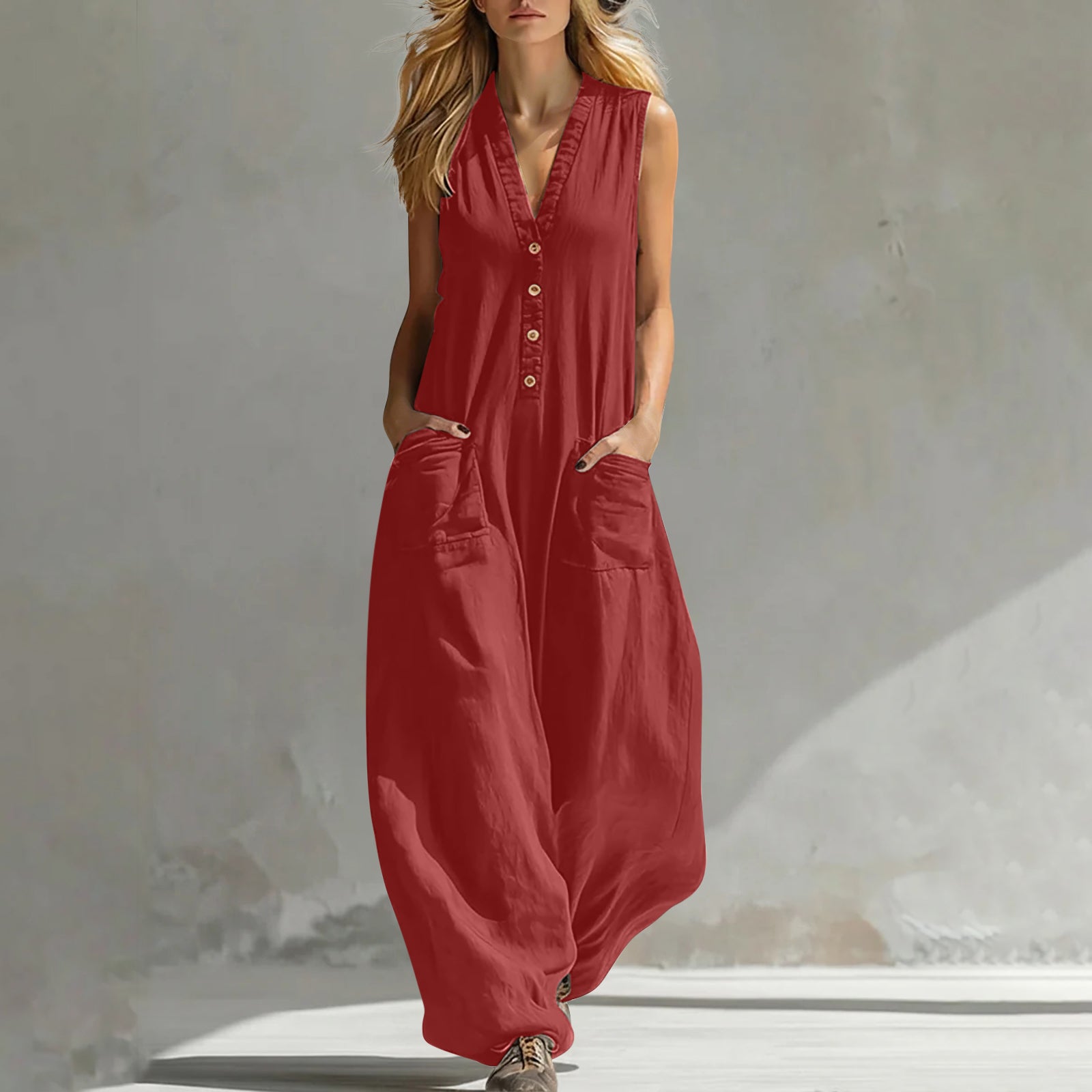 Women's Sleeveless Wide-Leg Jumpsuit with Pockets