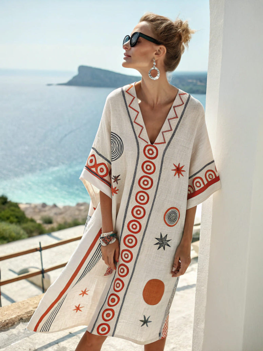 Women's Printed Loose A-Line Beach Midi Dress – Vacation Resort