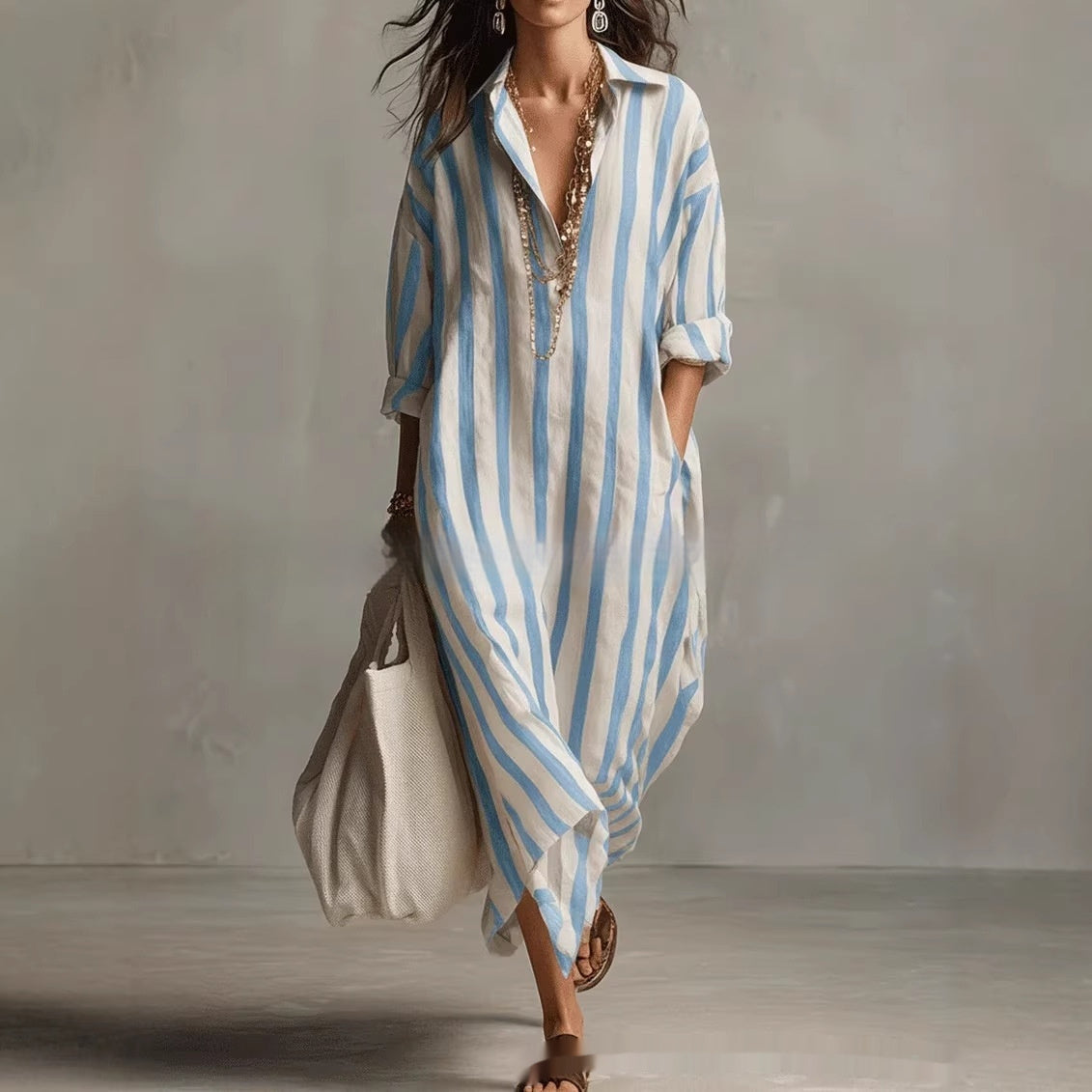Striped Lapel Collar Dress – Side Slits & Pockets