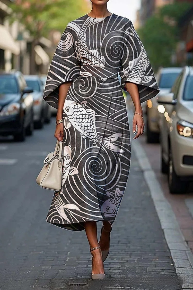 Geometric Print Batwing Sleeve Flowy Maxi Dress – 12 Styles, XS–XXXL