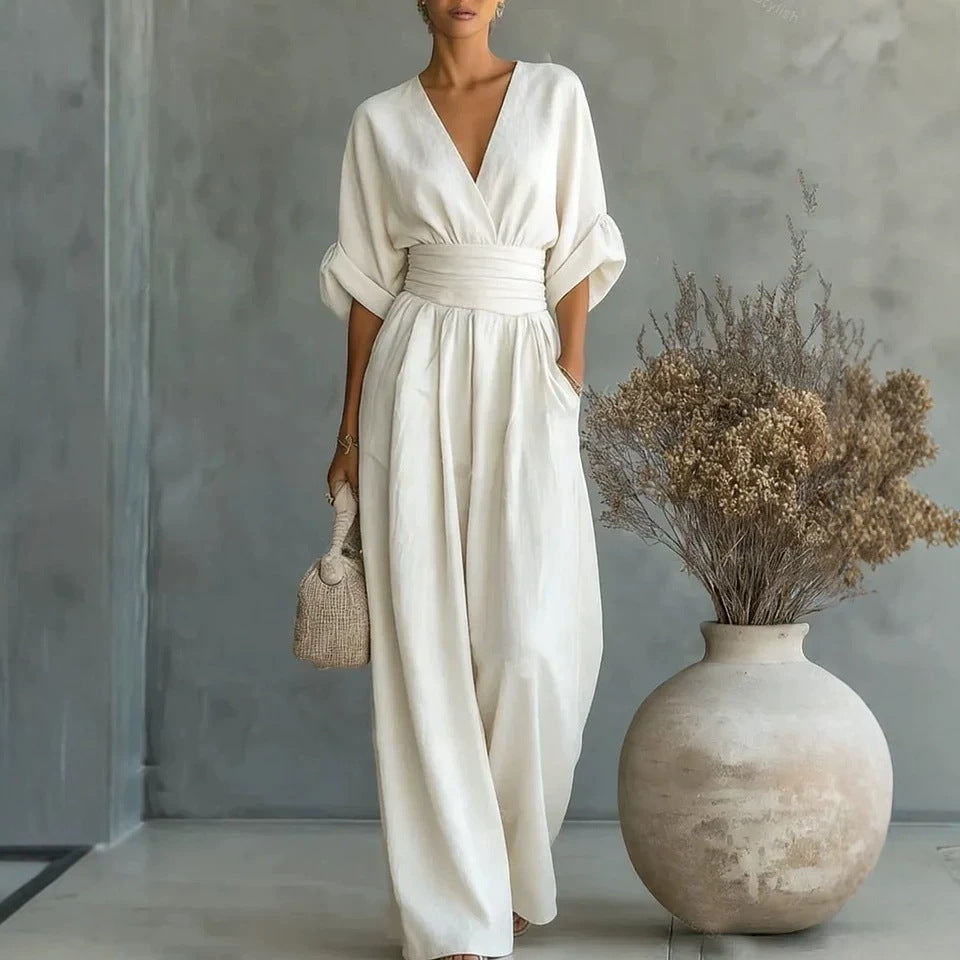 Women's V-Neck Wide-Leg Jumpsuit – High Waist Pleated Elegant 11 Colors S–5XL