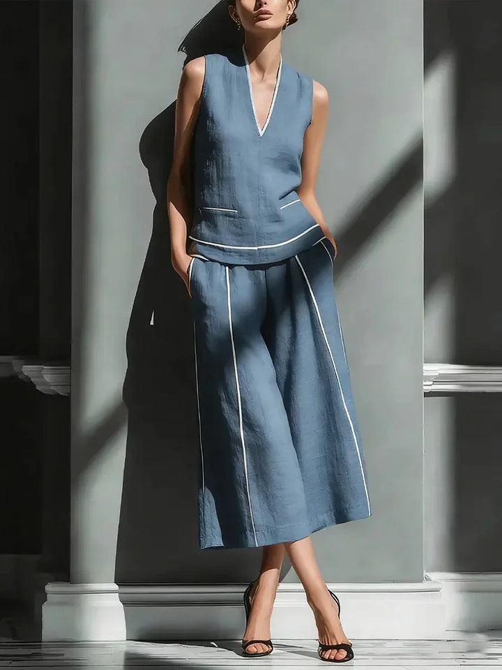 Women's Sleeveless Linen Shirt & Cropped Pants Set – Casual 2-Piece Outfit